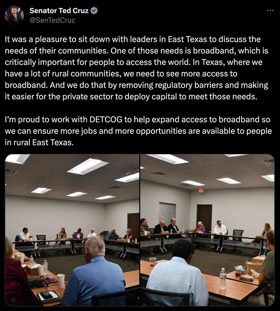 A screenshot of a tweet from Ted Cruz's official Senate Twitter highlighting the need for quality broadband internet to be made more accessible for Texans. The only issue here is Ted voted against the bill that enacted this broadband expansion.