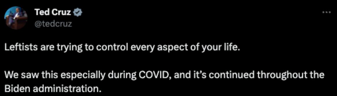 A series of tweets from part-time senator Ted Cruz alleging that "leftists" are trying to control every aspect our people's lives. Spoiler alert - they're not. 