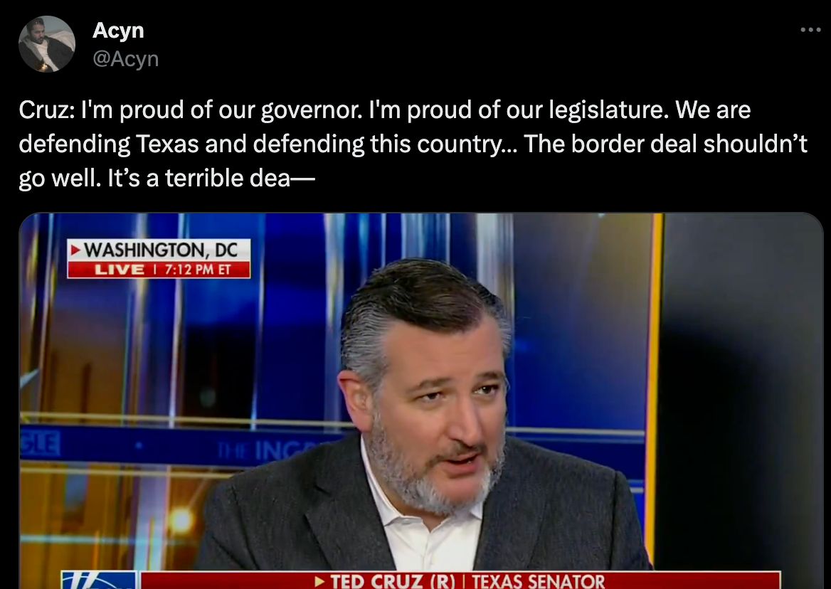In yet another appearance on Fox News, Ted took it upon himself to issue a full-throated endorsement of Texas Governor Greg Abbott's authoritarian agenda.