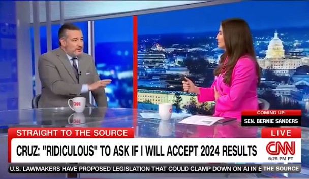 A screenshot of Ted Cruz's interview by CNN's Kaitlin Collins, where he would not answer if he would accept the 2024 election results if President Joe Biden wins.