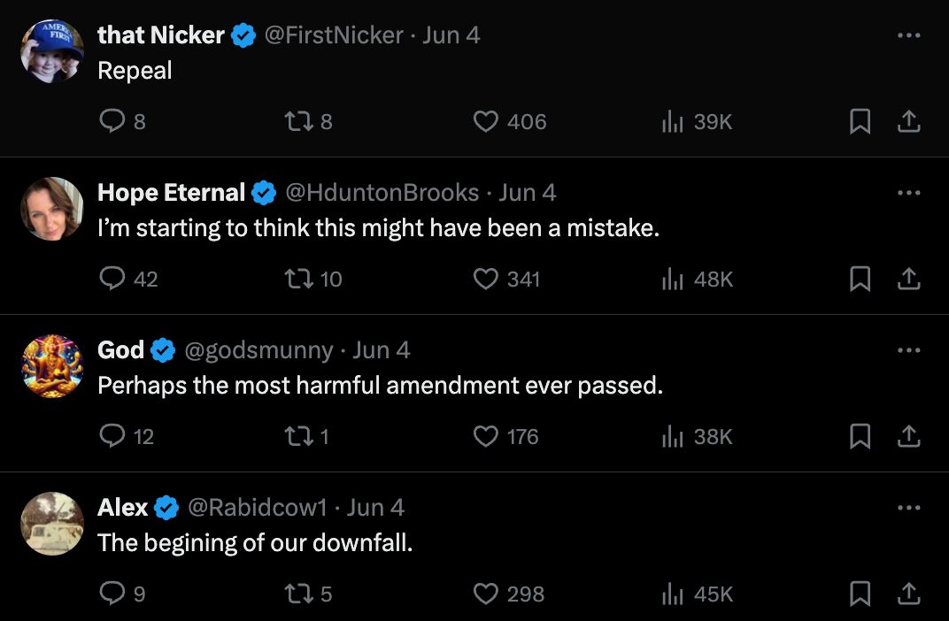 The replies to Ted's photo op have been less than great to say the least with many calling for the complete repeal of the 19th Amendment.